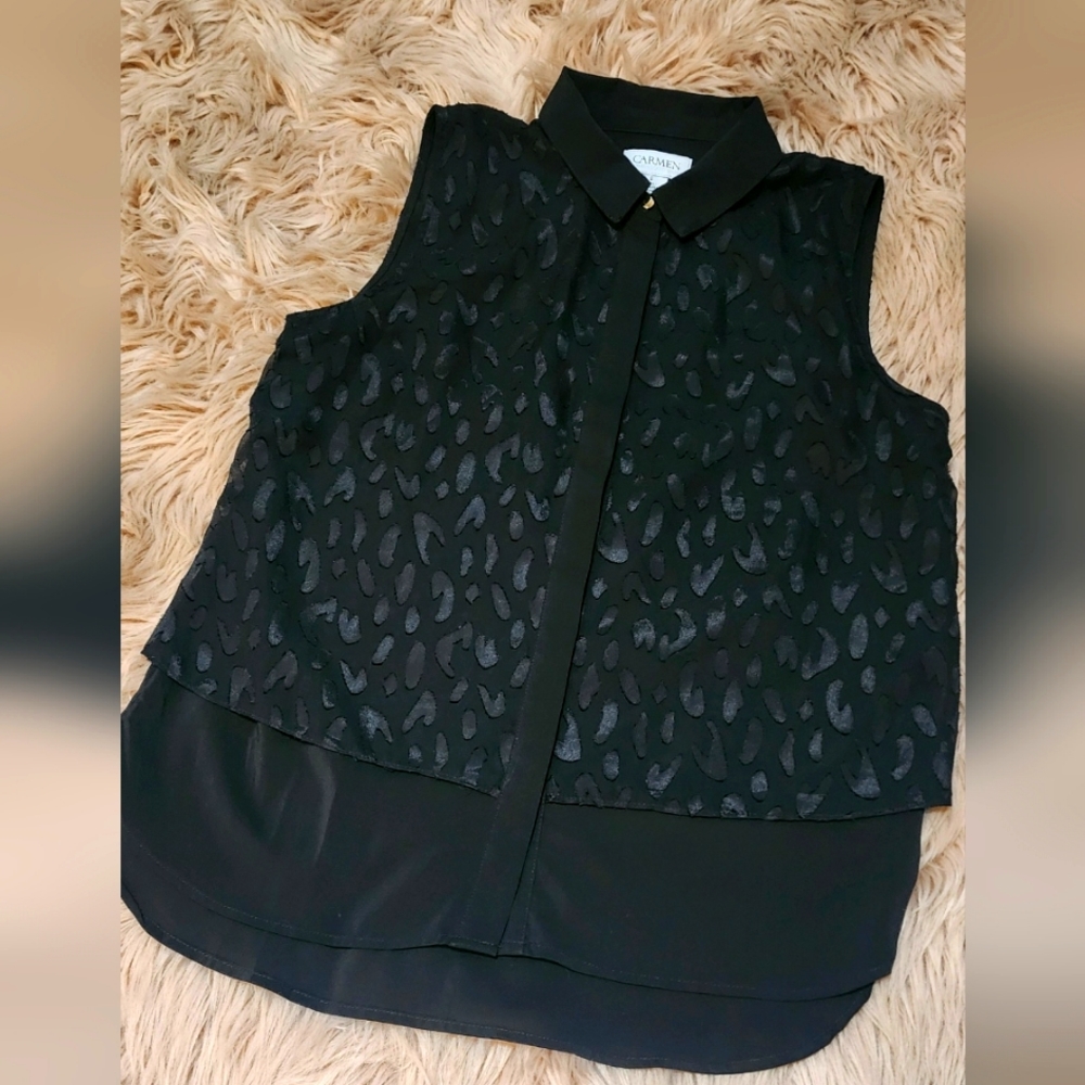 Carmen Marc Valvo Sleeveless Blouse - Black on Black Cheatah Print ⚫️